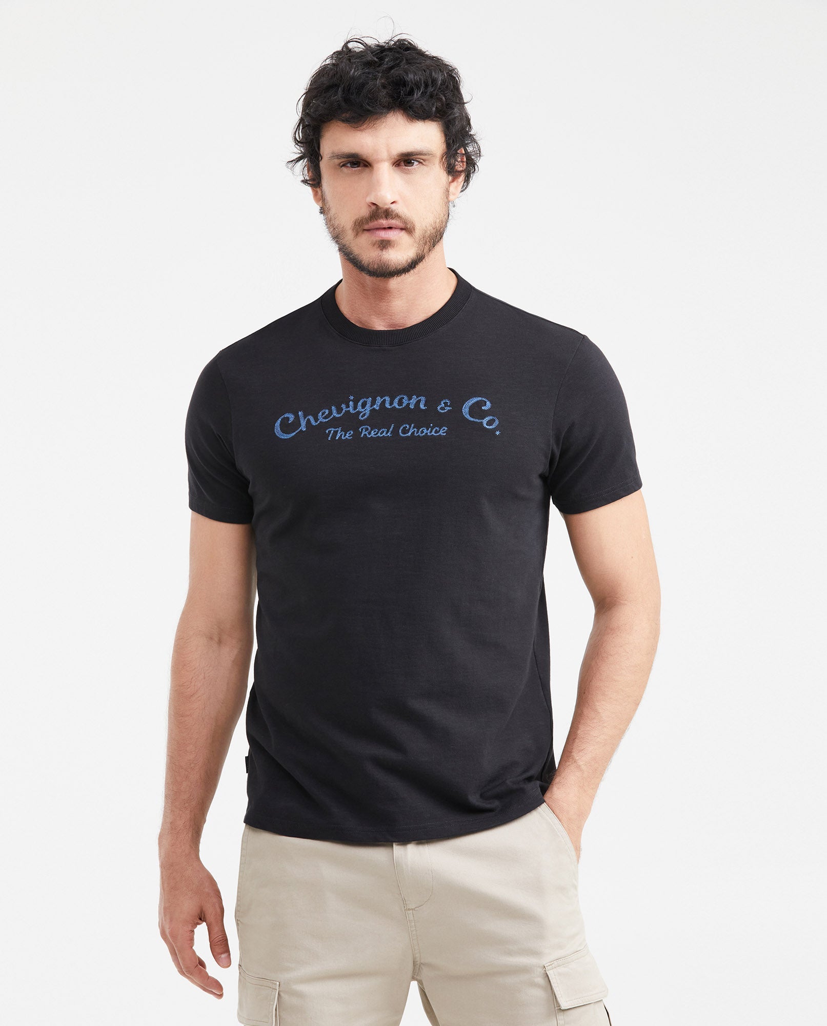 Men's Slim Fit T-Shirt Front Embroidery Ribbed Neck Cotton Stretch - 1