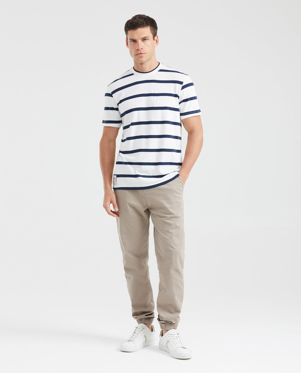 Men's Classic Fit Striped T-Shirt Knit Neck Embroidered Details in Cotton - 6