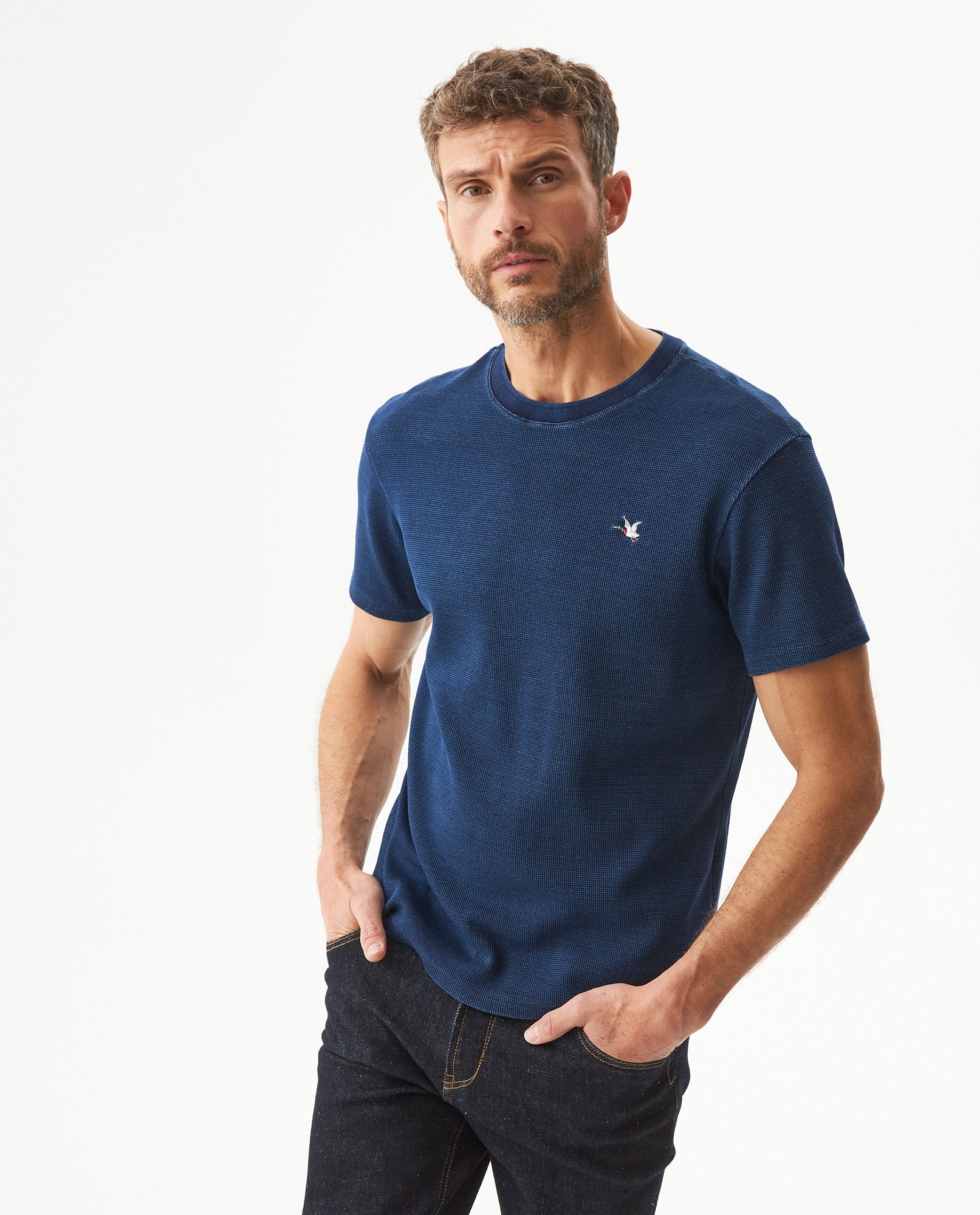 Men's Denim Thread Slim Fit T-shirt in Cotton-Polyester, Maritime - 2